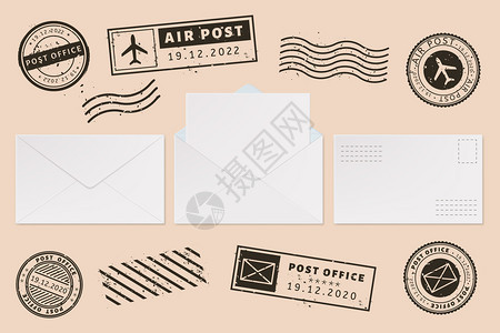 带有邮票标签的信封模板邮件和戳带有空白纸信单的打开封邮局业务模拟矢量图解集墨水邮戳许可印带有空白纸信单的打开封邮政标记许可印带有图片