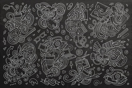 线条艺术粉笔板矢量手工绘制的涂鸦漫画集设计主题项目对象和符号图片
