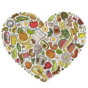 收集在心脏中的一组矢量卡通食物品收集糖尿病物图片