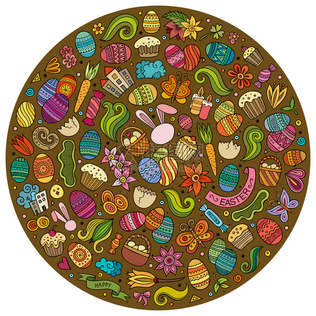 一组复活节卡通涂鸦对象符号和物品圆形构成