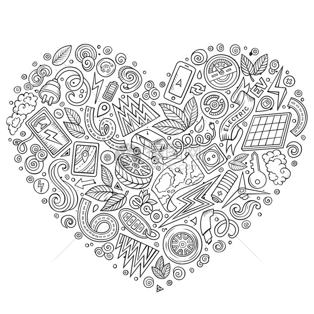 线条矢量手工绘制的一组生态汽车涂鸦物体符号和品心形构成矢量手工