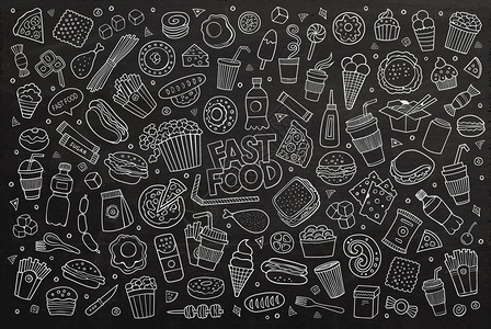 手工绘制的彩色矢量符号和物体粉笔板背景快速食物面条手工绘制的粉笔板矢量符号图片