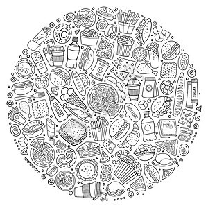 一组快速食品卡通图案符号和物品圆形构成一套快速食品卡通图案符号和物品图片