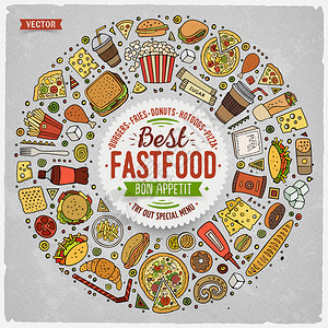 一组快速食品漫画符号和物品圆框构成一套快速食品漫画符号和物品图片