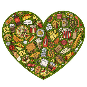 彩色矢量手工绘制的快速食品卡通标语符号和物品心形构成快速食品线艺术矢量集图片