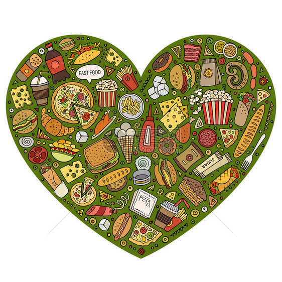彩色矢量手工绘制的快速食品卡通标语符号和物品心形构成快速食品线艺术矢量集图片