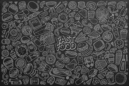 线条矢量手工绘制的涂鸦卡通上面有快食物品和符号高清图片