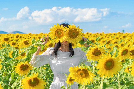 在泰国Lopburi自然花园公的节假日外出旅行中快乐的亚洲女在盛开的向日葵田中享受和放松图片