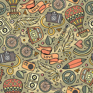 卡通手绘嬉皮卷条无缝图案色彩繁多包含许矢量背景的嬉皮条图案无缝