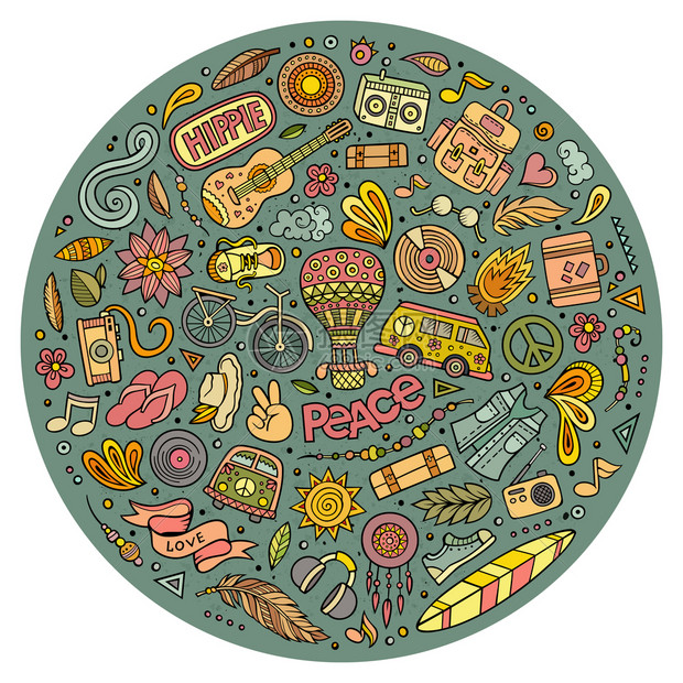 带多彩矢量的手工绘制嬉皮卡通涂鸦对象符号和物品集圆形构成