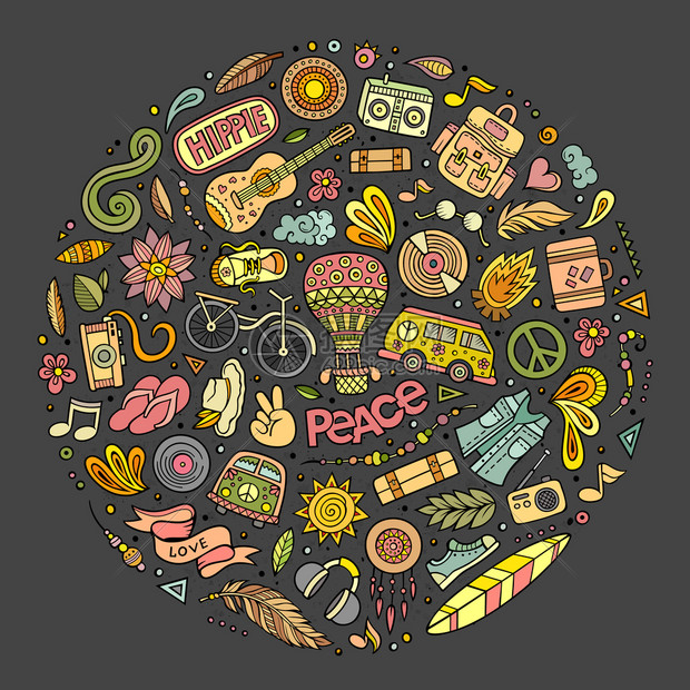 带多彩矢量的手工绘制嬉皮卡通涂鸦对象符号和物品集圆形构成