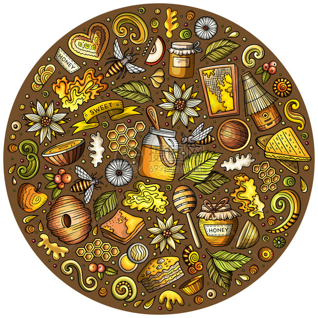 一组蜂蜜卡通涂鸦对象符号和物品圆形构成一组蜂蜜卡通涂鸦对象的矢量
