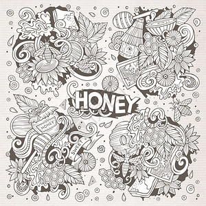 矢量手绘制了蜂蜜主题项目对象和符号的涂鸦漫画集蜂蜜主题设计要素的矢量漫画集图片
