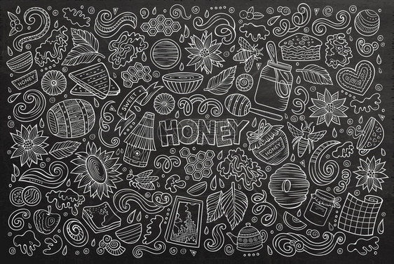 矢量手绘制的蜂蜜主题项目对象和符号的涂鸦漫画集矢量卡的蜂蜜主题对象集图片