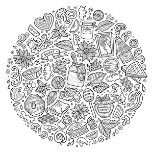 一组蜂蜜卡通圆形图案对象符号和物品圆形构成图片