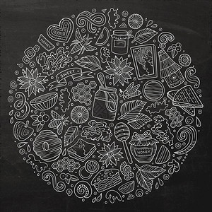 粉笔板矢量手工绘制的一套蜂蜜漫画涂鸦对象符号和物品圆形构成图片