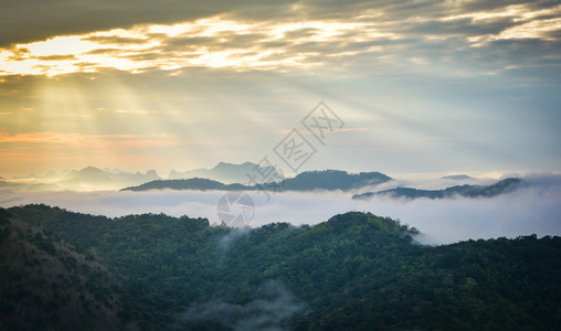 美女山山上美丽的日出景色山上有雾覆盖森林背景