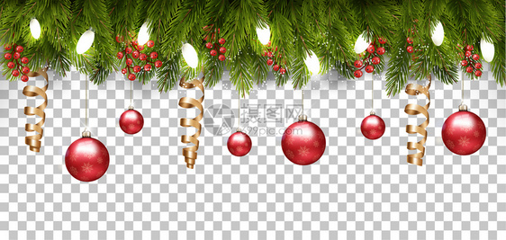 圣诞节的日框架树枝和红色的球在透明背景矢量图片