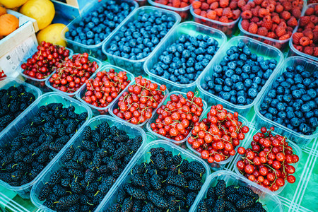 市场上的新鲜果子草莓蓝黑樱桃和红花草图片