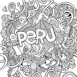 利马秘鲁手写文字和涂鸦元素符号背景矢量手绘制草图插画