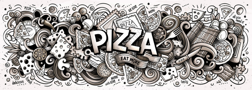 卡通可爱的面条披萨单词线艺术水平插图有多个不同对象的背景有趣矢量艺术作品线条水平插图图片