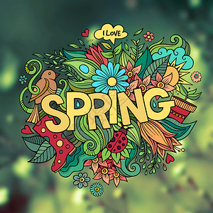 春季手写字和涂鸦元素矢量模糊背景春季手写字母和涂鸦元素背景图片