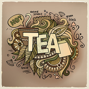 茶叶手写字和涂鸦元素背景矢量插图茶叶手写字和涂鸦元素图片