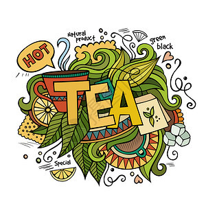 茶叶手写字和涂鸦元素背景矢量插图茶叶手写字和涂鸦元素背景图片