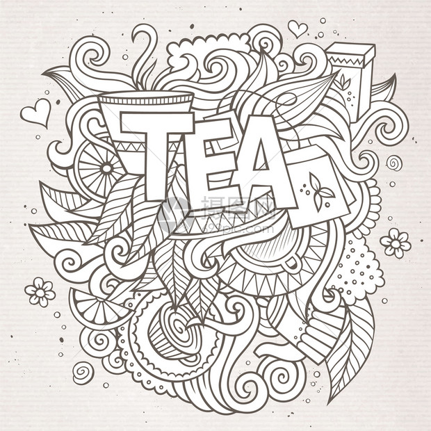 茶叶手写字和涂鸦元素背景矢量粗略插图茶叶手写字和涂鸦元素背景图片