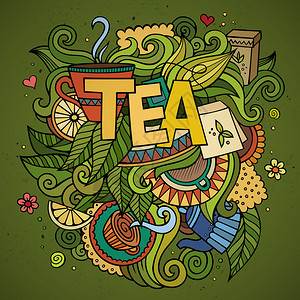TEA字母和茶叶涂鸦元素背景矢量插图图片