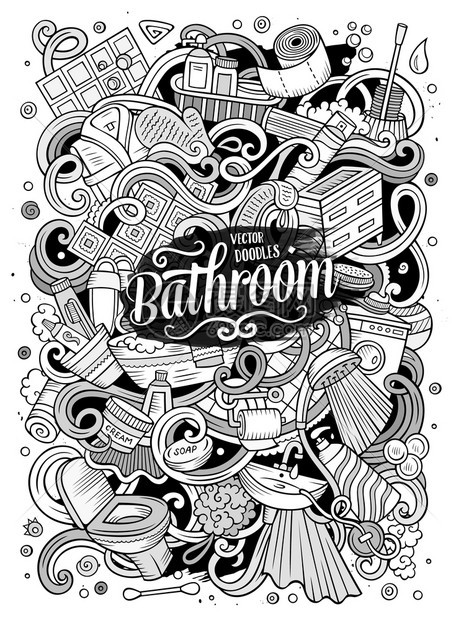 手绘涂鸦线条黑白浴室厕所用品图集插画图片