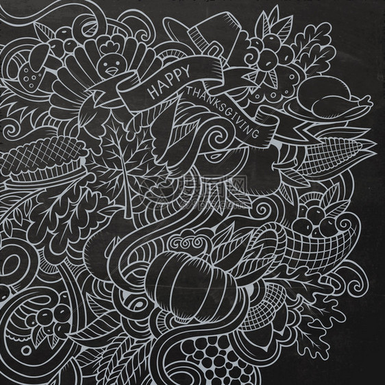 卡通手工绘制的Doodle感恩节带有物体和符号的粉笔板设计背景手工绘制的Doodle感恩节图片