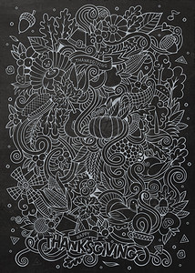 卡通手工绘制的Doodle感恩节带有物体和符号的粉笔板设计背景粉笔板设计插画