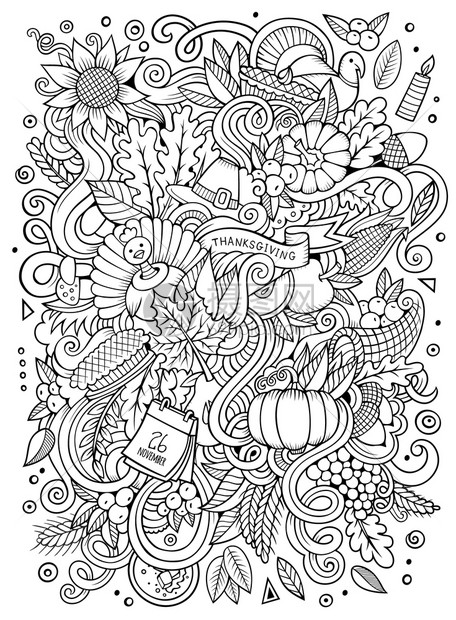 卡通手工绘制的Doodle感恩节带有物品和符号的Ketchy设计背景手工绘制的Doodle感恩节图片