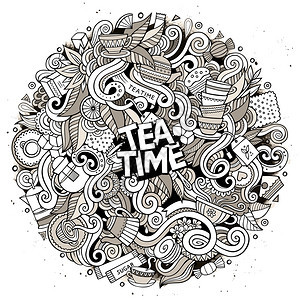 卡通可爱的面条手画Tea时间插图Sketchy详细有许多对象背景有趣的矢量艺术作品卡通可爱的面条图片