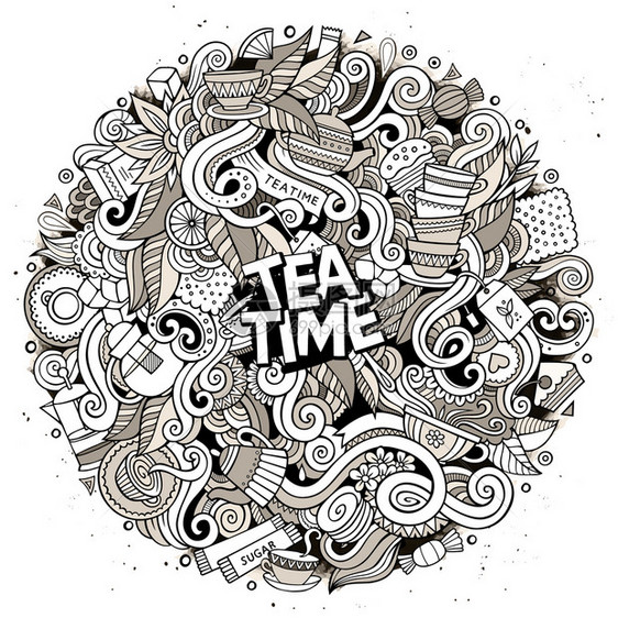 卡通可爱的面条手画Tea时间插图Sketchy详细有许多对象背景有趣的矢量艺术作品卡通可爱的面条图片