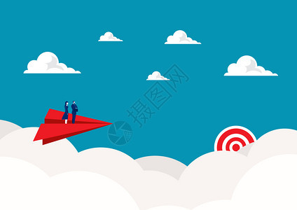 站在红纸飞机上天的两个生意将成功的目标图片