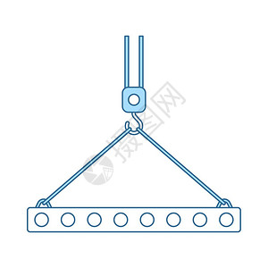 Slab挂在起重机吊钩上的图示带蓝色填充图设计的薄线矢量说明图片