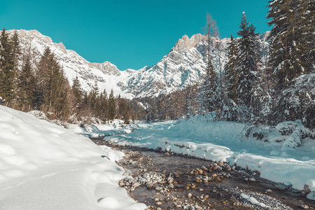 荒冬的季风景惊人的山脉美丽河流雪树和蓝天空图片