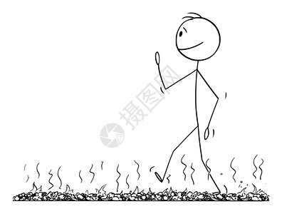 andy 道金斯矢量卡通插图绘制火道男子或商人徒步赤脚走在热或石头的