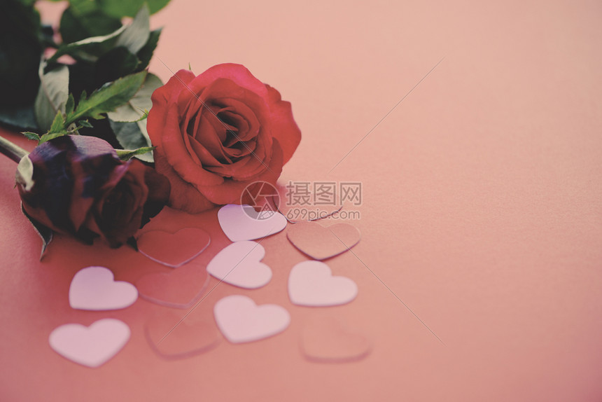 红玫瑰花朵和粉心背景复制空间音调传统图片