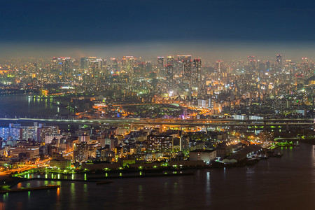 大阪市中心桥梁和道路的空中观察日本城市关西区摩天大楼的线建筑景观背图片
