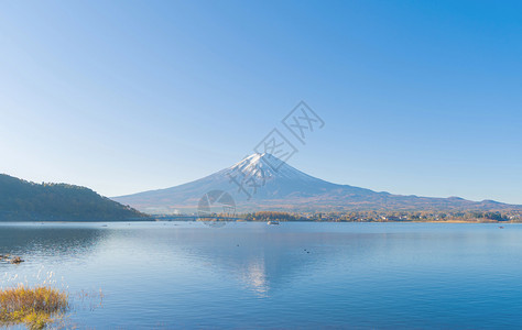 富士山的反射与蓝天相近富士五湖藤川口子山桥日本自然景观背图片