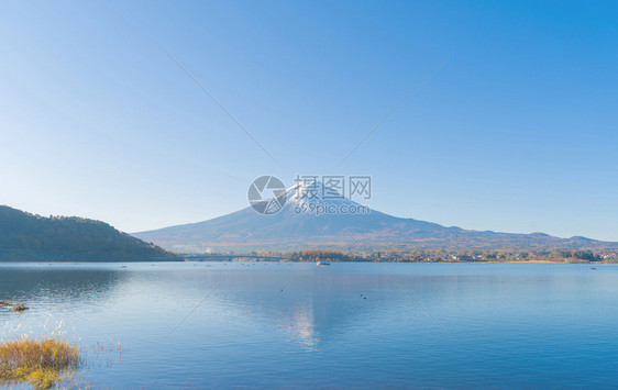 富士山的反射与蓝天相近富士五湖藤川口子山桥日本自然景观背图片