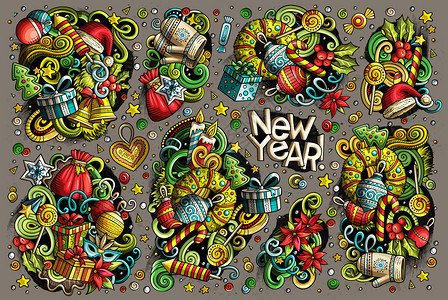 新年和圣诞物品符号所有物品都是分开的新年和圣诞物品的Doodle漫画集和圣诞物品图片