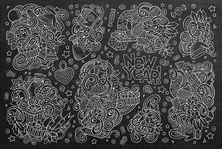 Chalk板矢量手工绘制了全新年和圣诞物品符号的涂鸦漫画集和圣诞物品符号图片