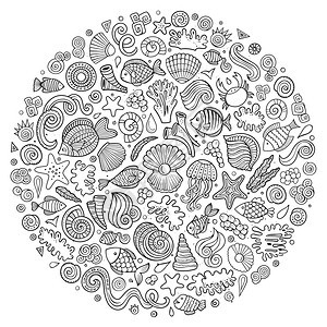 海洋元素海生动植物元素涂鸦风格插画图片