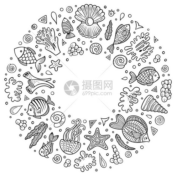 环形海洋元素海生动植物元素涂鸦风格插画图片