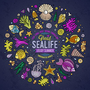 彩色环形海洋元素海生动植物元素涂鸦风格插画图片