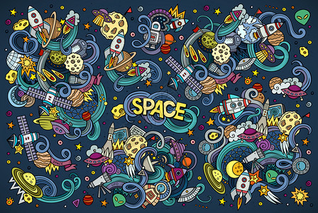 一组空间物体和符号的多彩矢量手工绘制的多彩矢量漫画图片